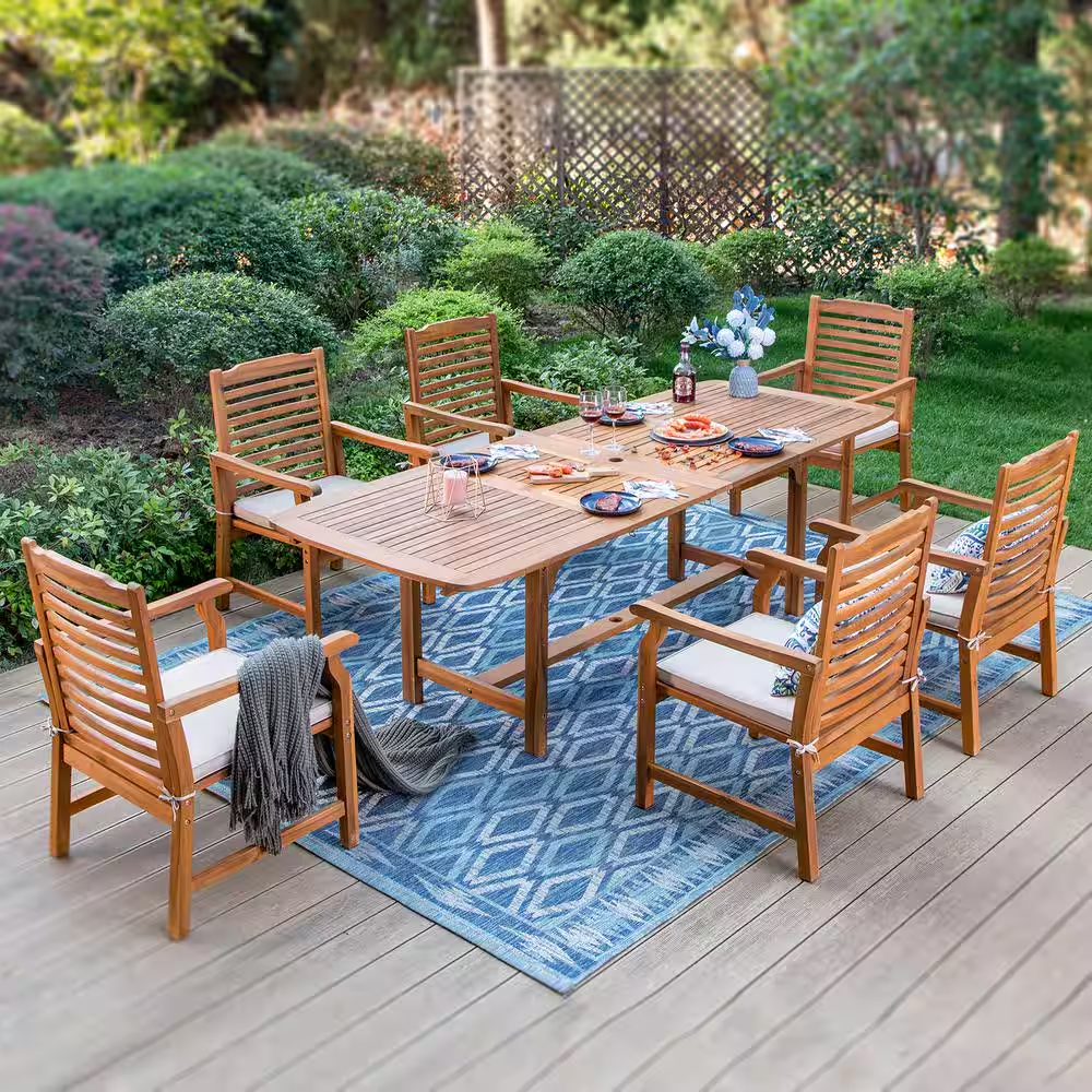 Brown 7-Piece Wood Patio Outdoor Dining Set with Extendable Table and Wood Chairs with Beige Cushion