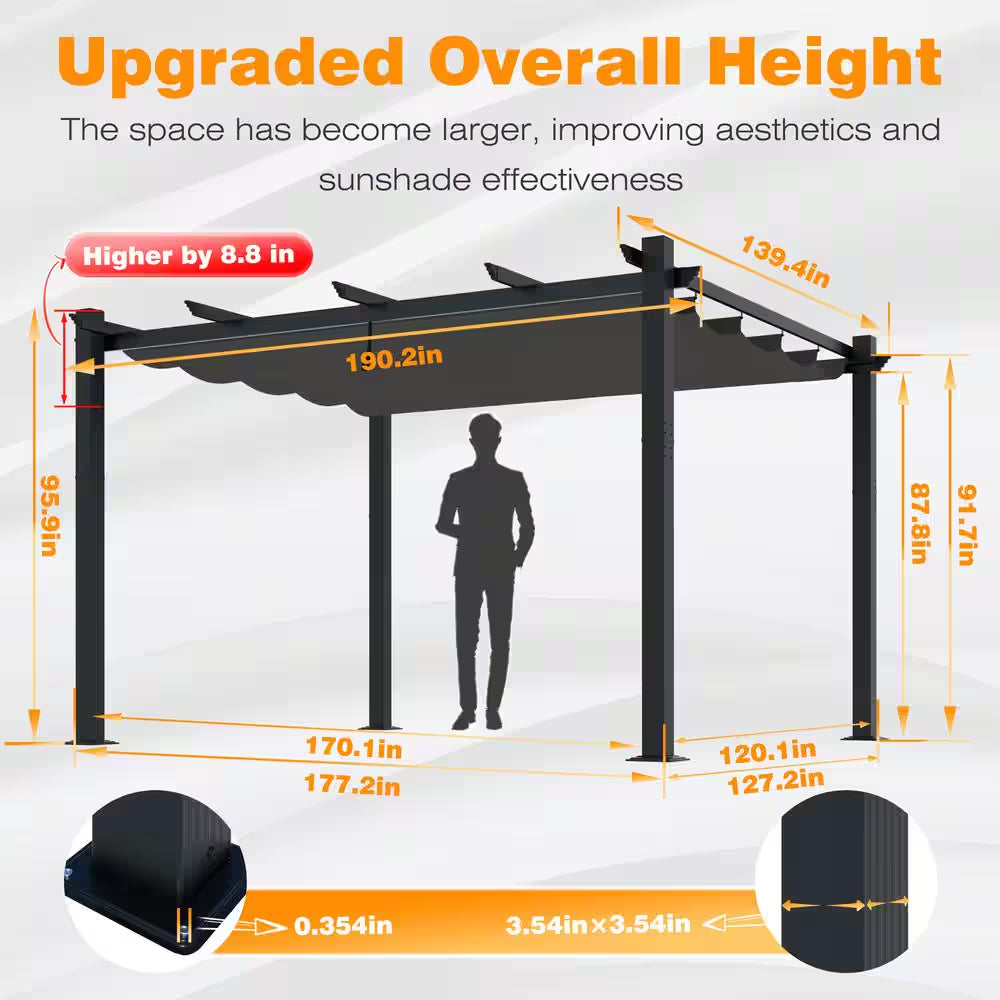 16 Ft. W X 12 Ft. D Aluminum Pergola Outdoor with Dark Gray Retractable Canopy