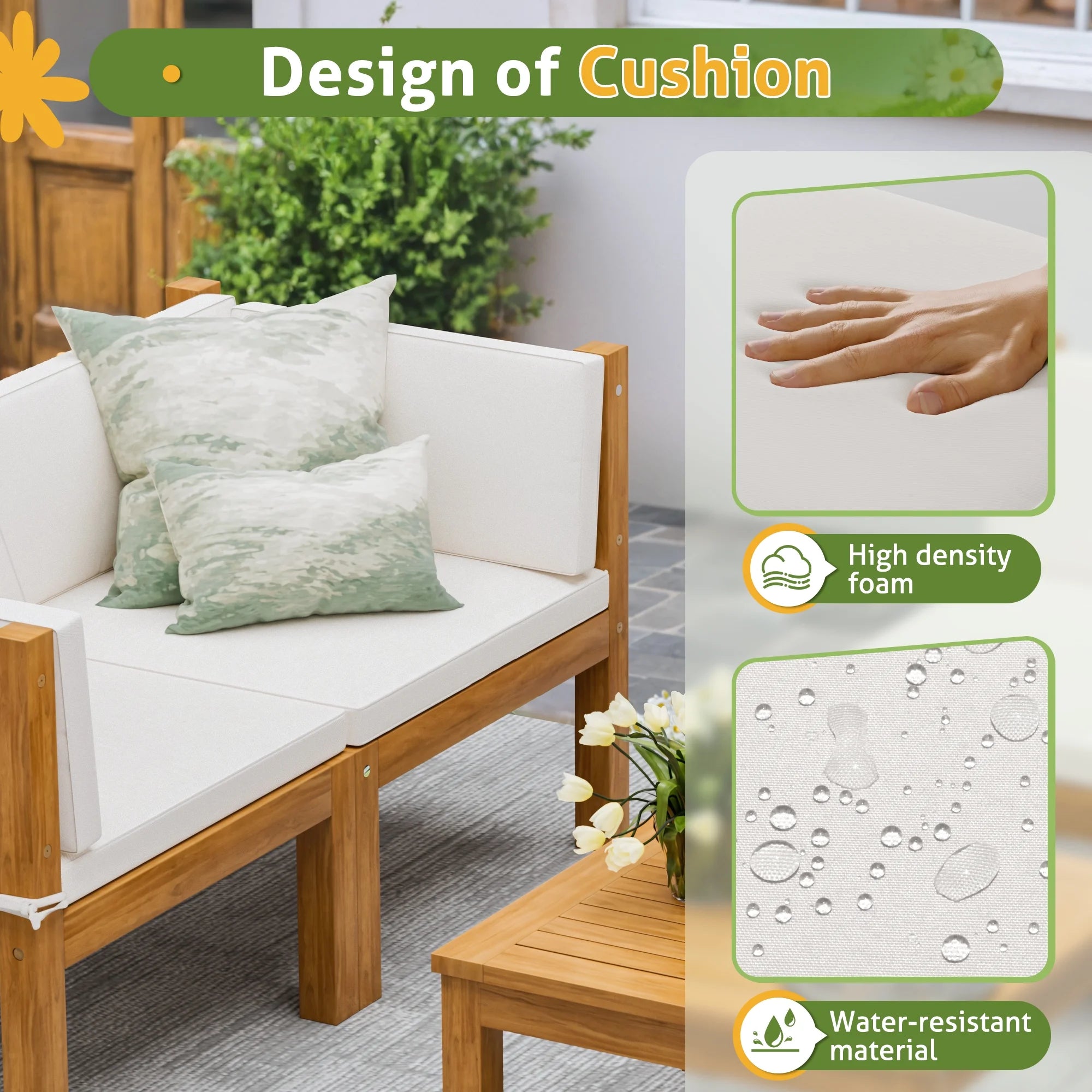 7 Pieces Outdoor Furniture Set, Patio Conversation Set Acacia Wood Outdoor Furniture Set, All Weather Outdoor Sofa Set with Coffee Table, Beige