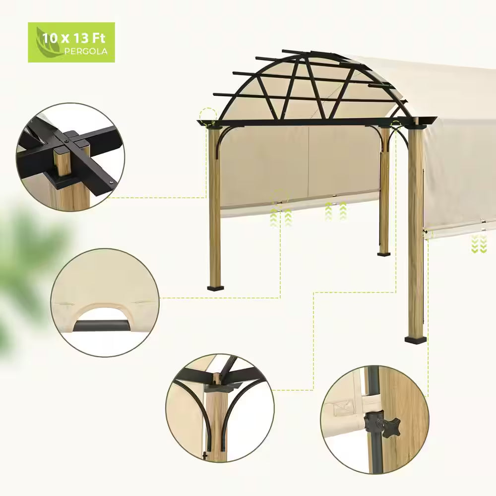 10 Ft. X 13 Ft. Wood Grain Aluminum Outdoor Pergola with Arched Canopy and Beige Retractable Shade