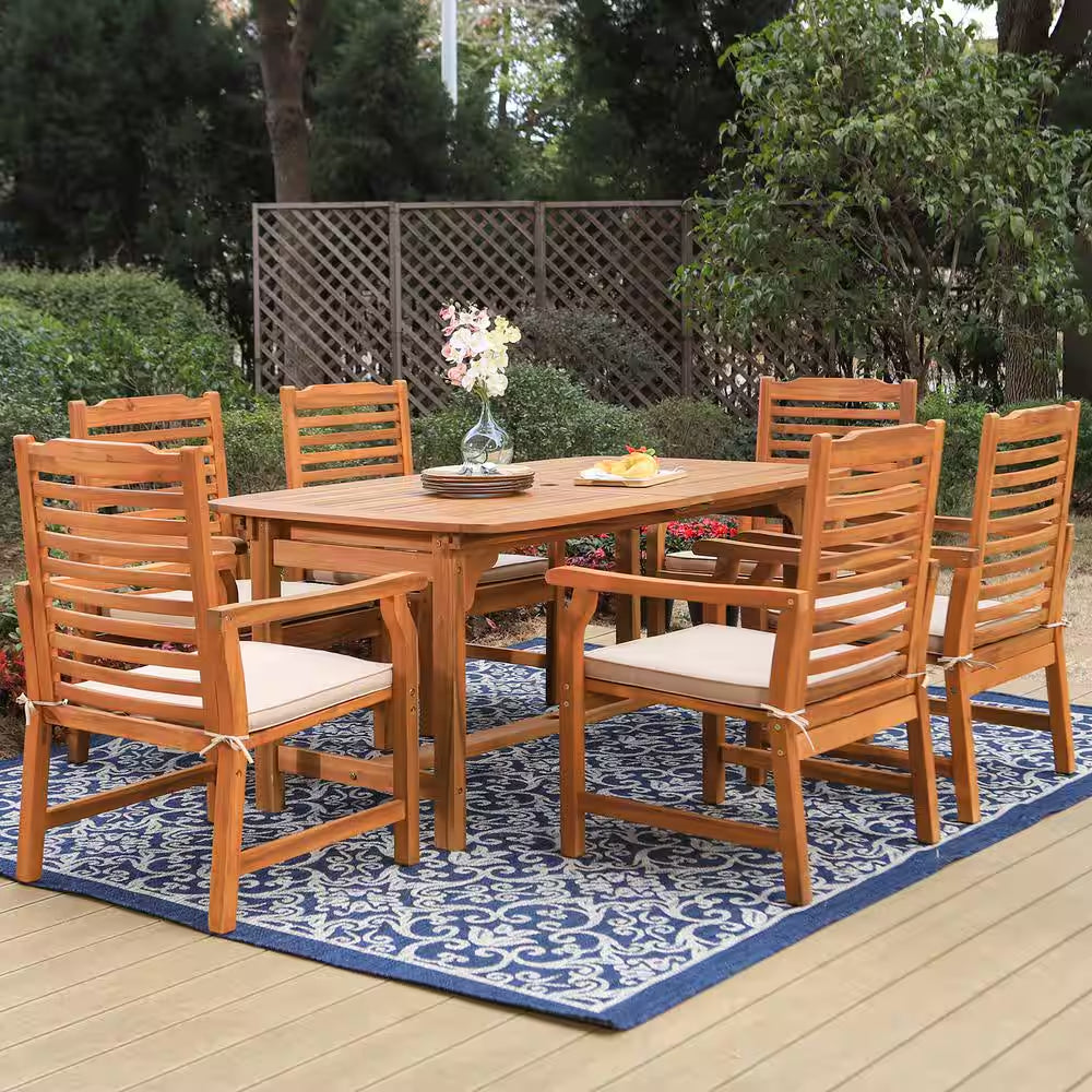 Brown 7-Piece Wood Patio Outdoor Dining Set with Extendable Table and Wood Chairs with Beige Cushion