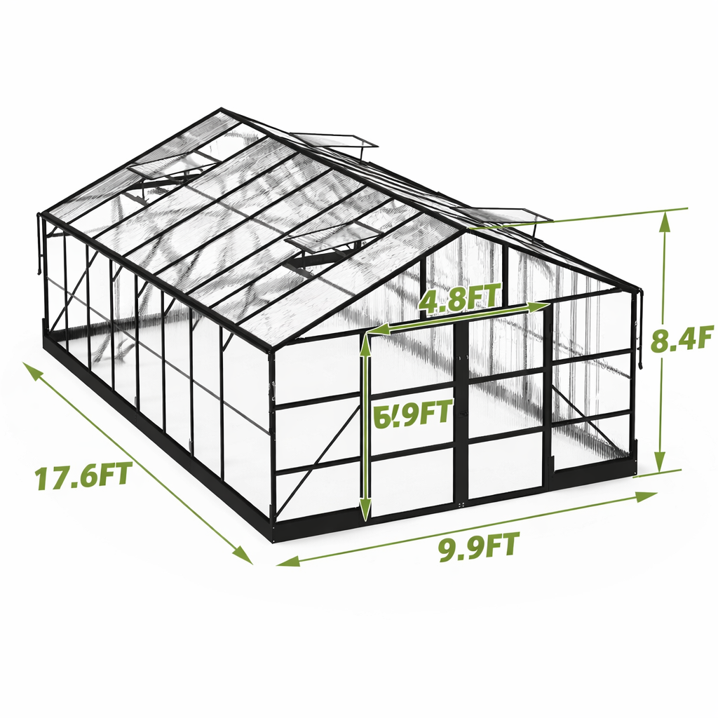 10X18 Ft Polycarbonate Greenhouse with Rain Gutter & 4 Roof Vents, Heavy Duty Aluminum Greenhouse for Outdoor Garden Backyard, Black