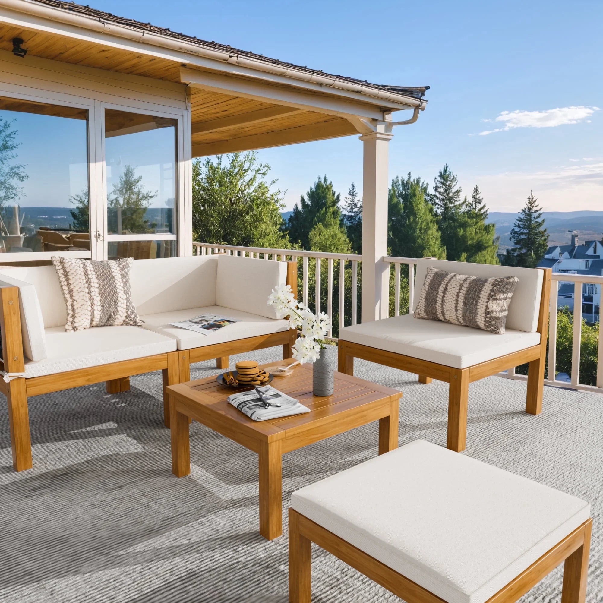 5 Pieces Acacia Patio Conversation Set Wood Sectional Set Outdoor Furniture Set with Cushions, White
