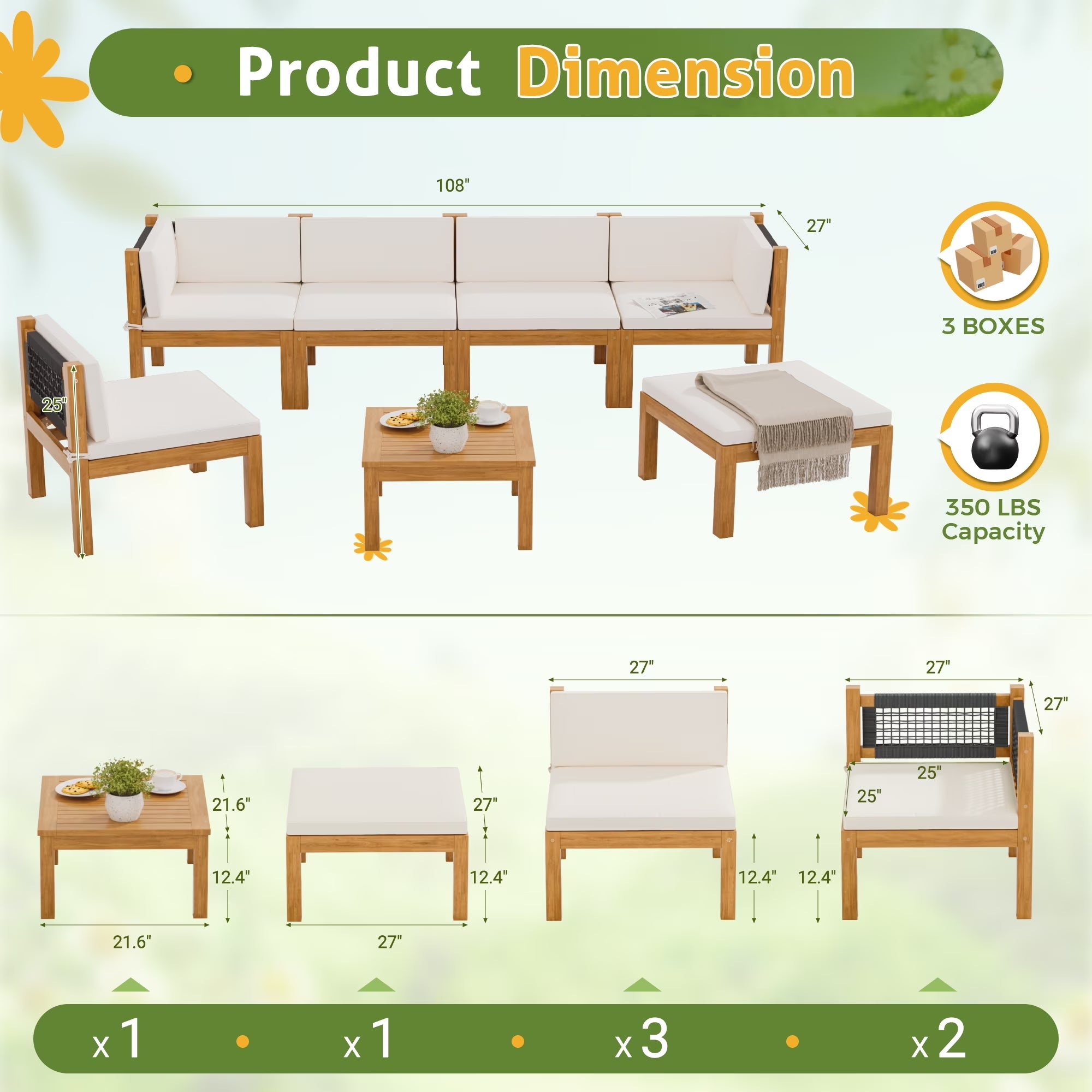 7 Pieces Outdoor Furniture Set, Patio Conversation Set Acacia Wood Outdoor Furniture Set, All Weather Outdoor Sofa Set with Coffee Table, Beige