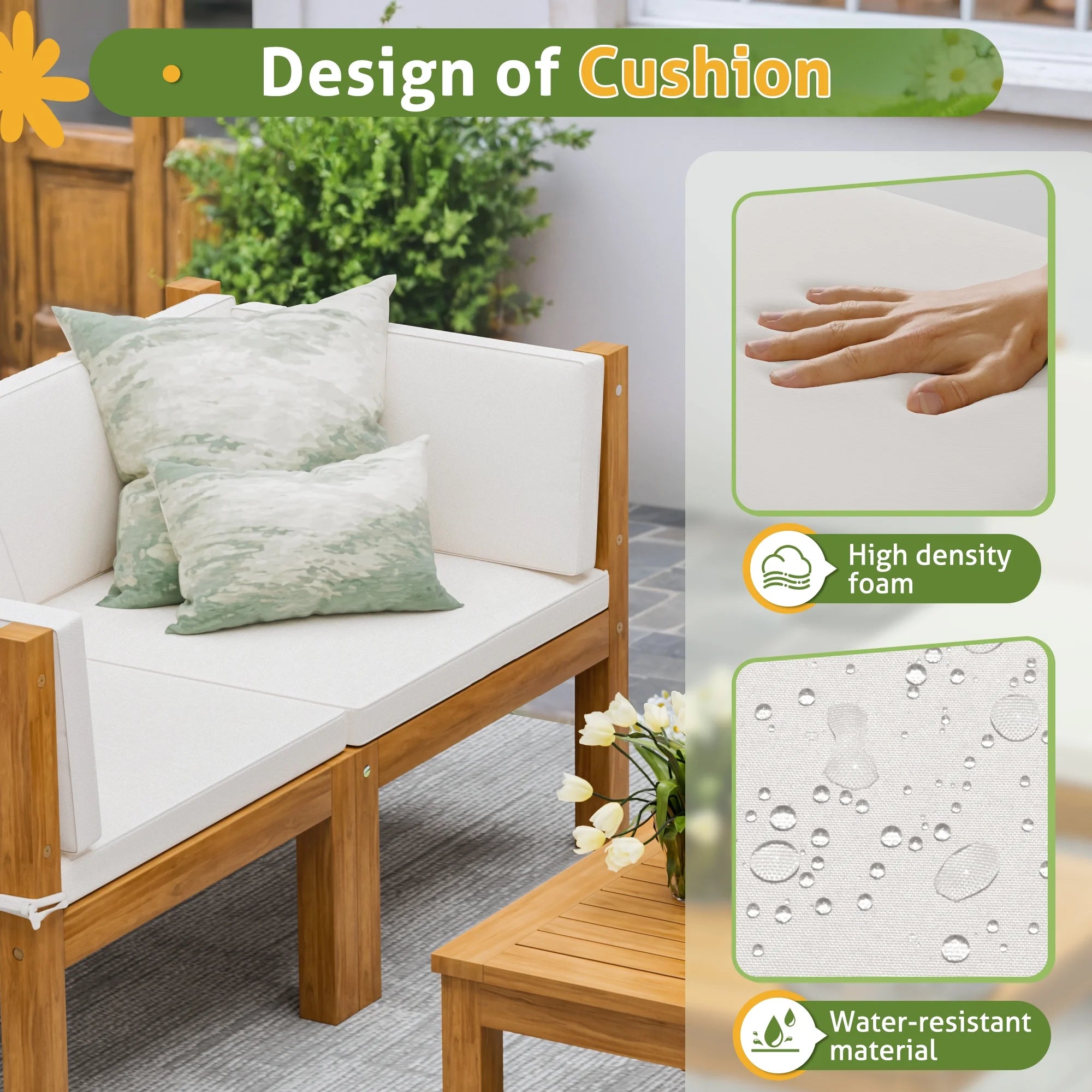 5 Pieces Acacia Patio Conversation Set Wood Sectional Set Outdoor Furniture Set with Cushions, White