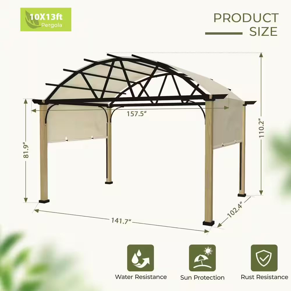 10 Ft. X 13 Ft. Wood Grain Aluminum Outdoor Pergola with Arched Canopy and Beige Retractable Shade
