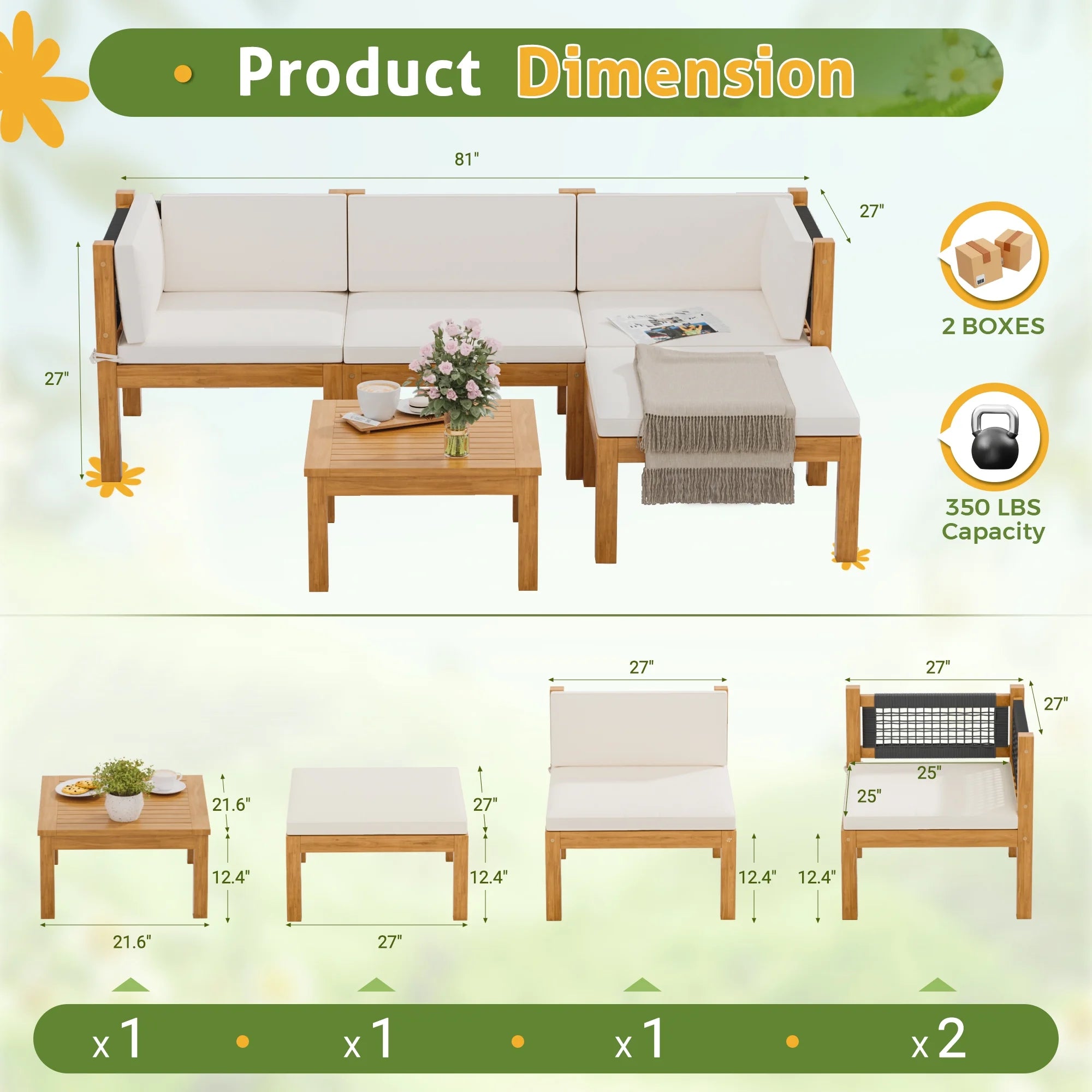 5 Pieces Acacia Patio Conversation Set Wood Sectional Set Outdoor Furniture Set with Cushions, White
