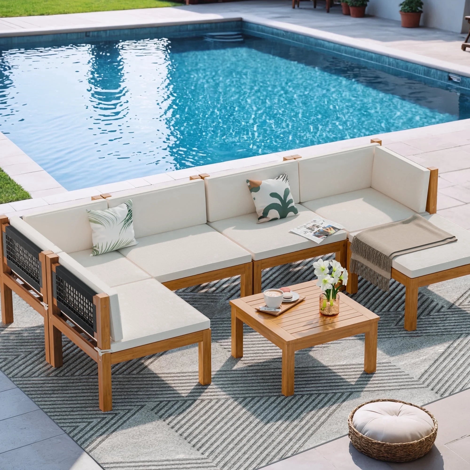 7 Pieces Outdoor Furniture Set, Patio Conversation Set Acacia Wood Outdoor Furniture Set, All Weather Outdoor Sofa Set with Coffee Table, Beige