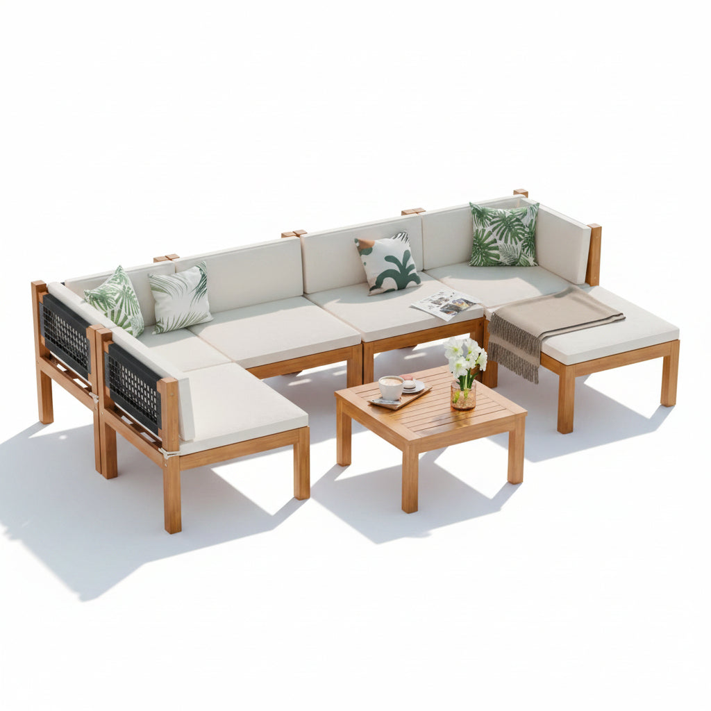 7 Pieces Outdoor Furniture Set, Patio Conversation Set Acacia Wood Outdoor Furniture Set, All Weather Outdoor Sofa Set with Coffee Table, Beige