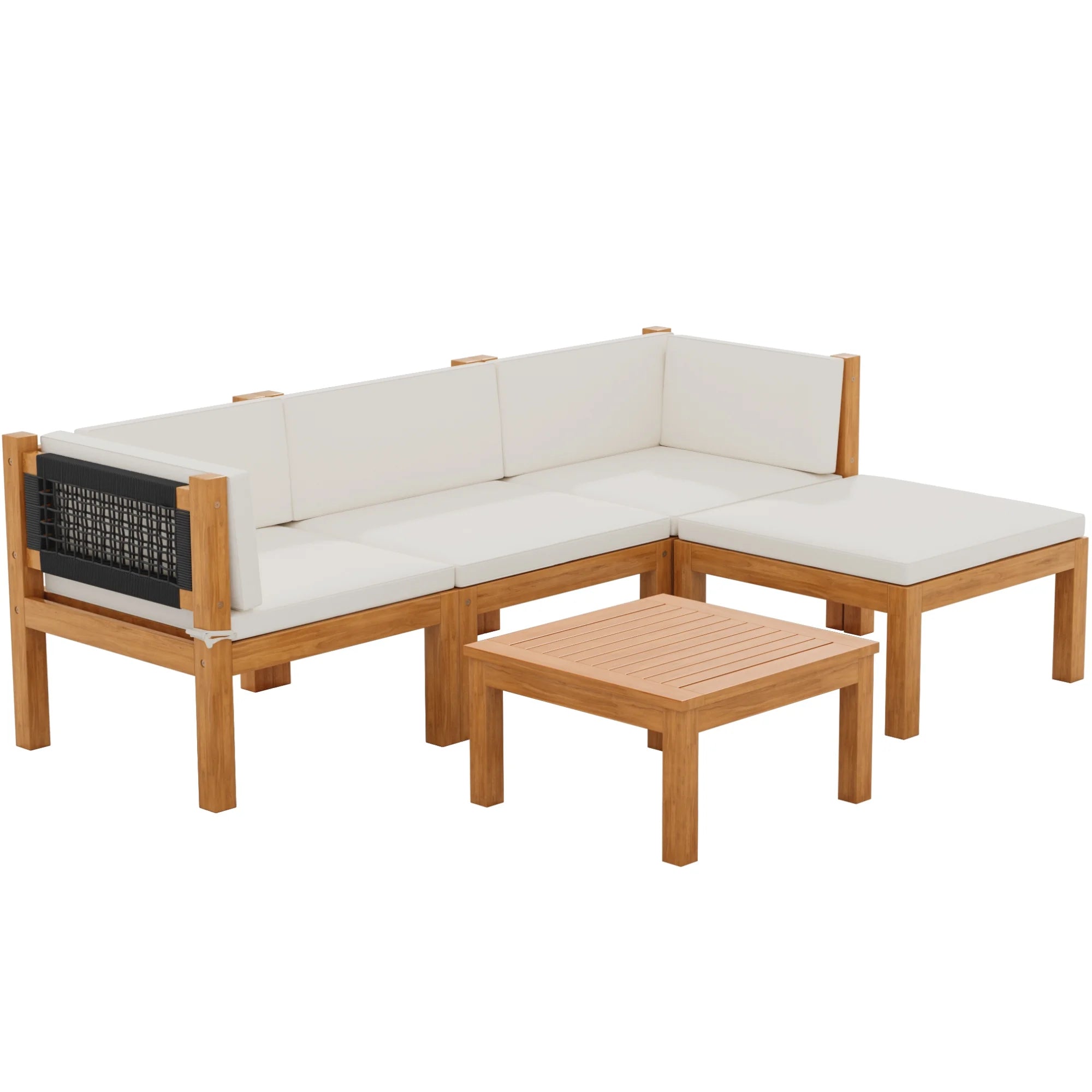 5 Pieces Acacia Patio Conversation Set Wood Sectional Set Outdoor Furniture Set with Cushions, White