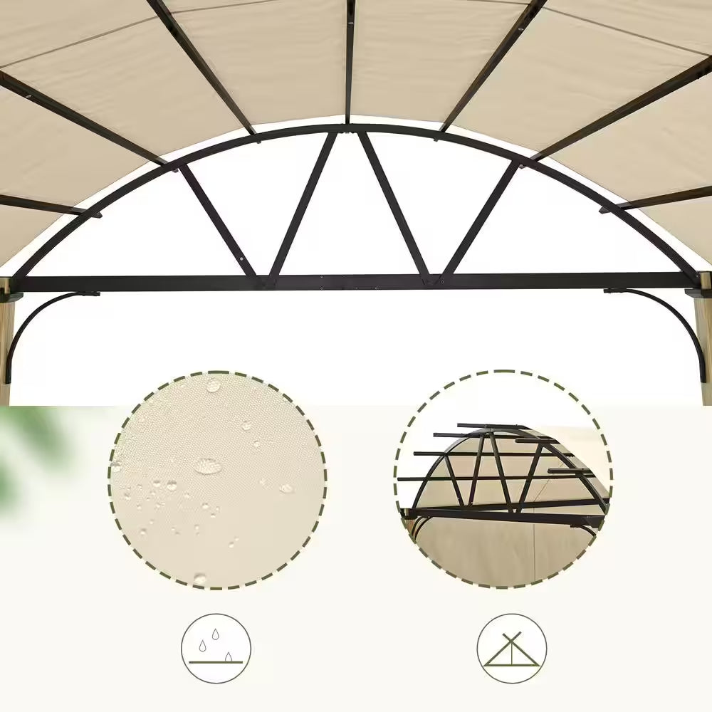 10 Ft. X 13 Ft. Wood Grain Aluminum Outdoor Pergola with Arched Canopy and Beige Retractable Shade