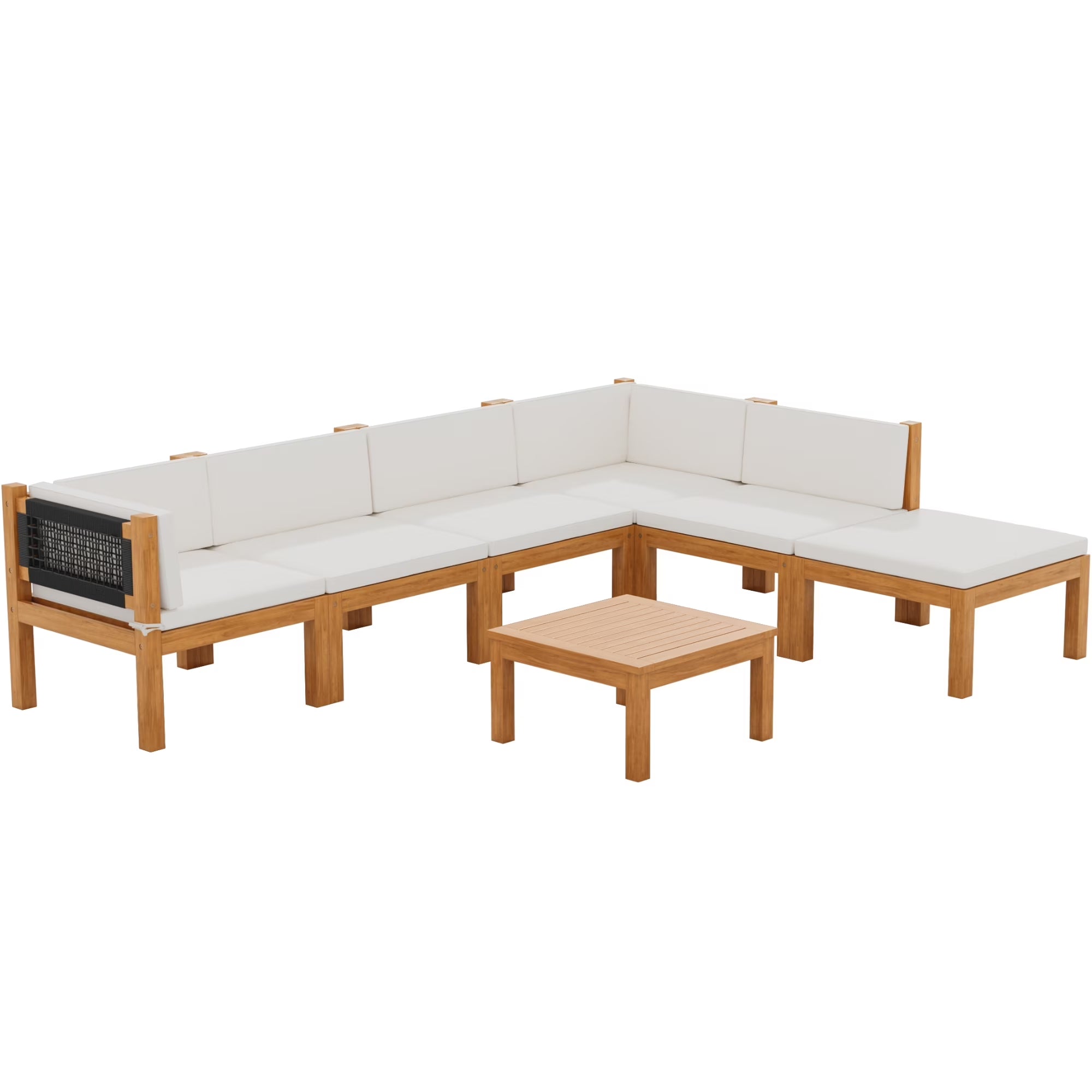 7 Pieces Outdoor Furniture Set, Patio Conversation Set Acacia Wood Outdoor Furniture Set, All Weather Outdoor Sofa Set with Coffee Table, Beige