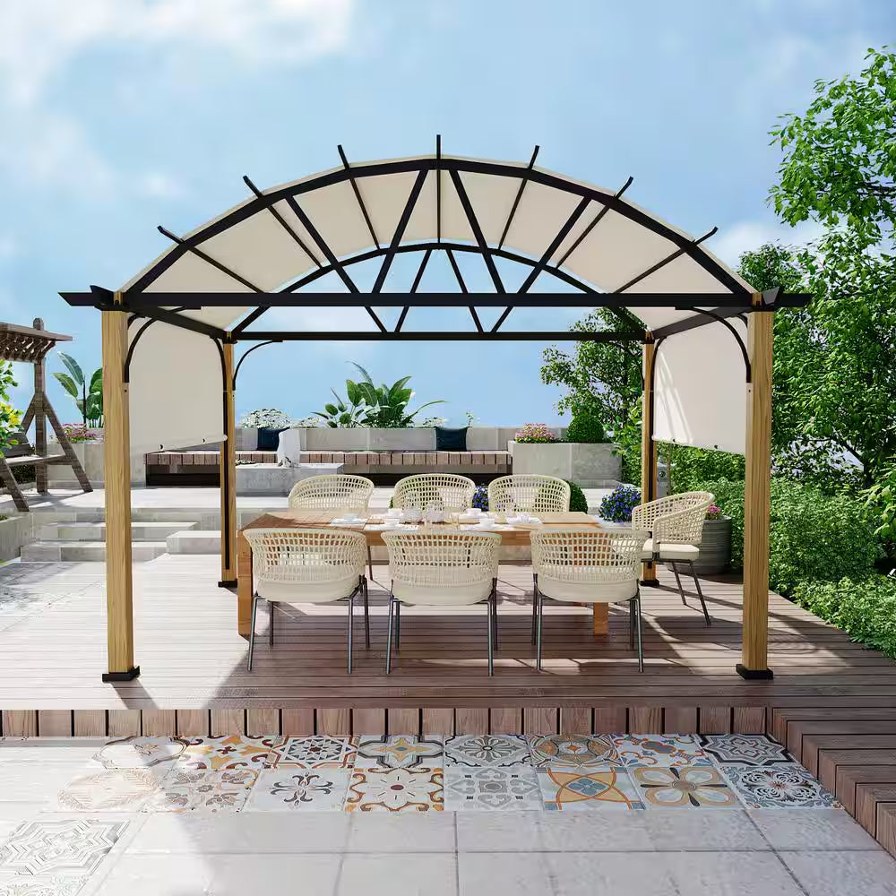 10 Ft. X 13 Ft. Wood Grain Aluminum Outdoor Pergola with Arched Canopy and Beige Retractable Shade