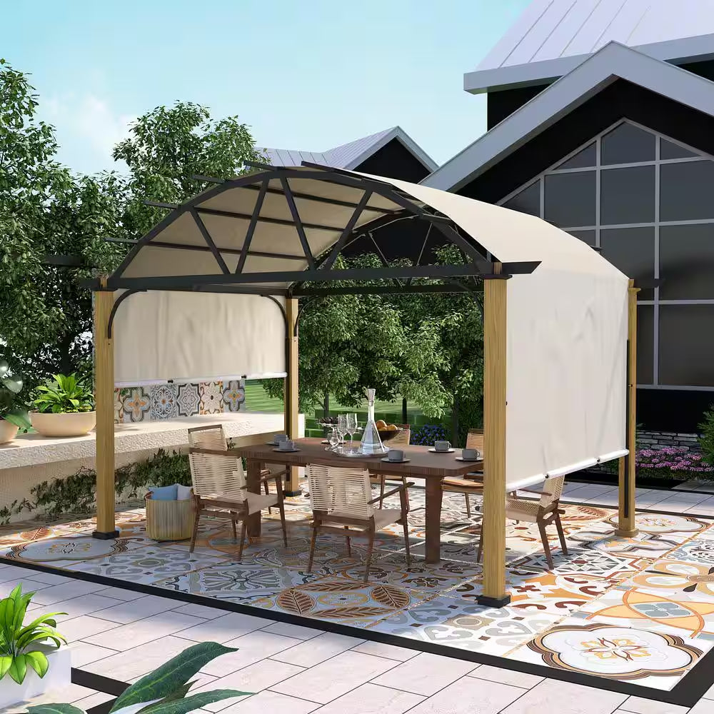 10 Ft. X 13 Ft. Wood Grain Aluminum Outdoor Pergola with Arched Canopy and Beige Retractable Shade