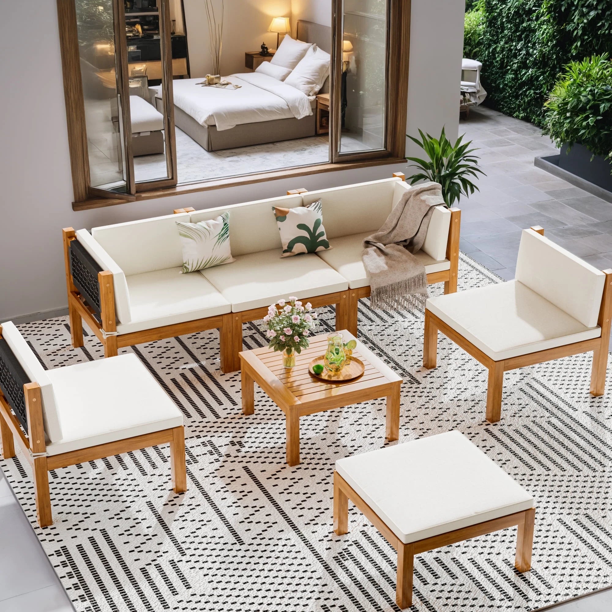 7 Pieces Outdoor Furniture Set, Patio Conversation Set Acacia Wood Outdoor Furniture Set, All Weather Outdoor Sofa Set with Coffee Table, Beige