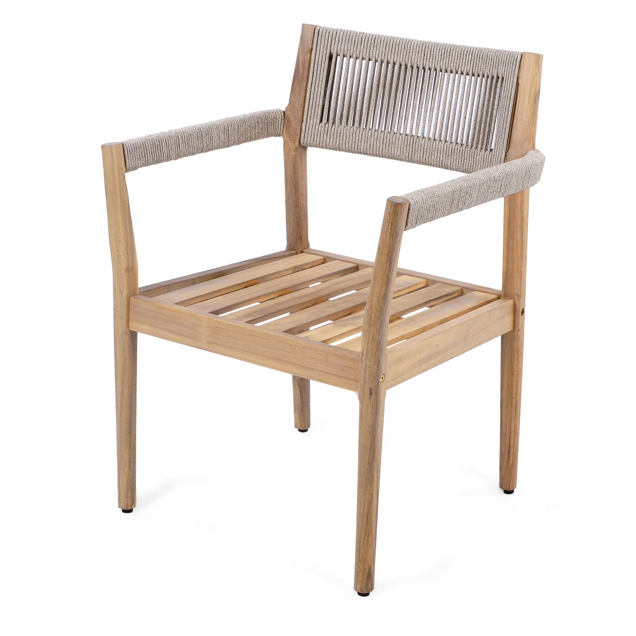 5-Piece Outdoor Patio Dining Table Set with Rope Armchairs & Navy Cushions, Light Teak+Beige
