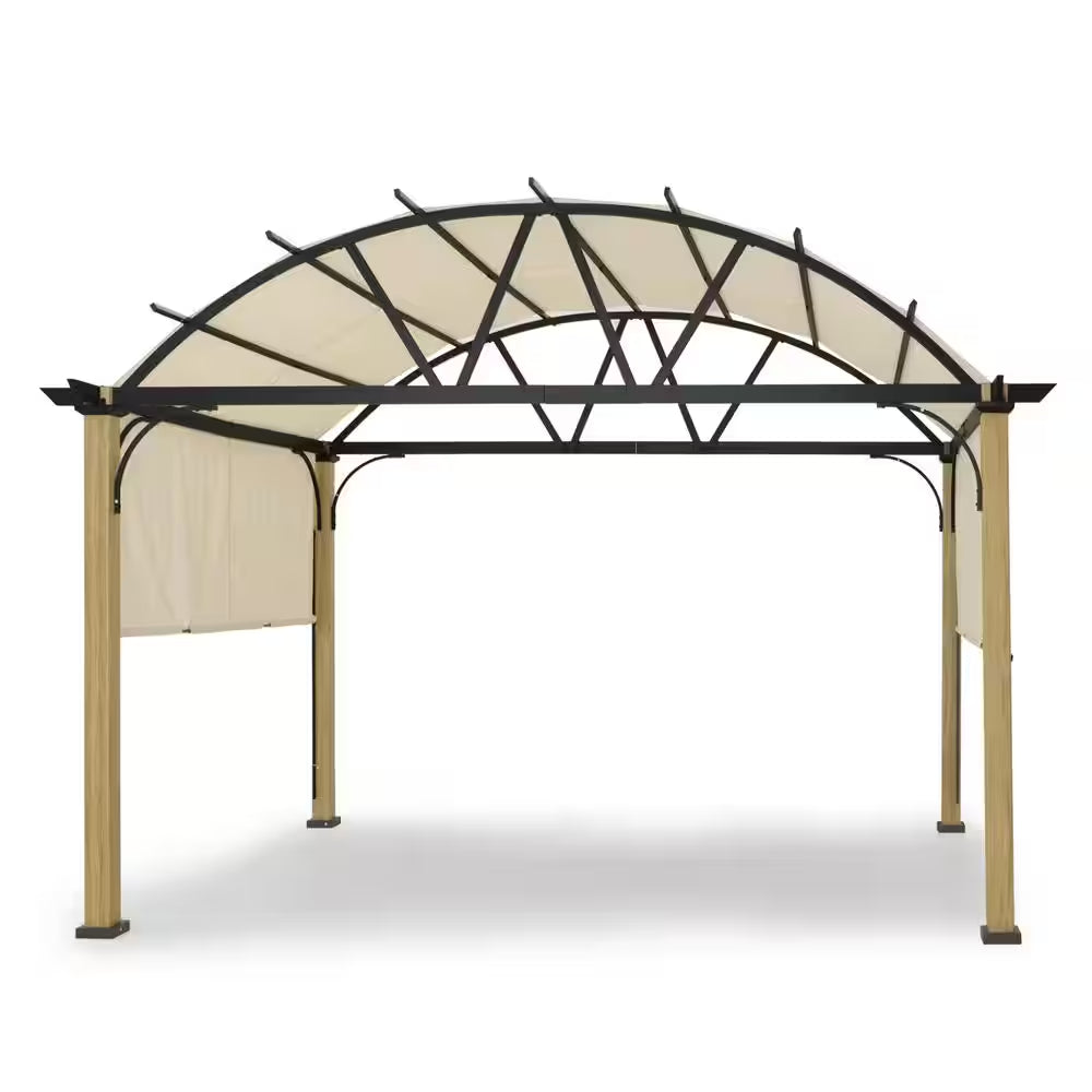 10 Ft. X 13 Ft. Wood Grain Aluminum Outdoor Pergola with Arched Canopy and Beige Retractable Shade
