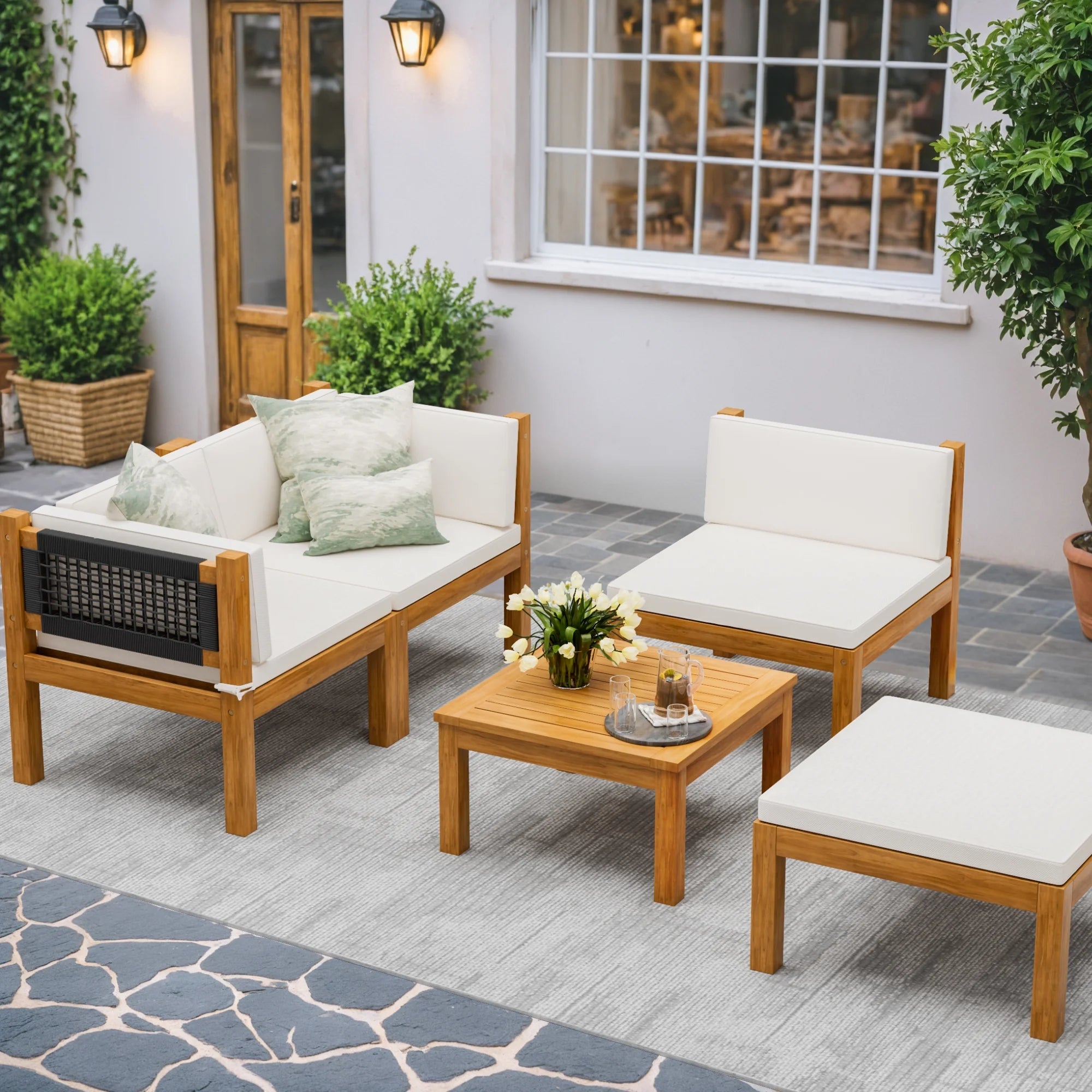 5 Pieces Acacia Patio Conversation Set Wood Sectional Set Outdoor Furniture Set with Cushions, White